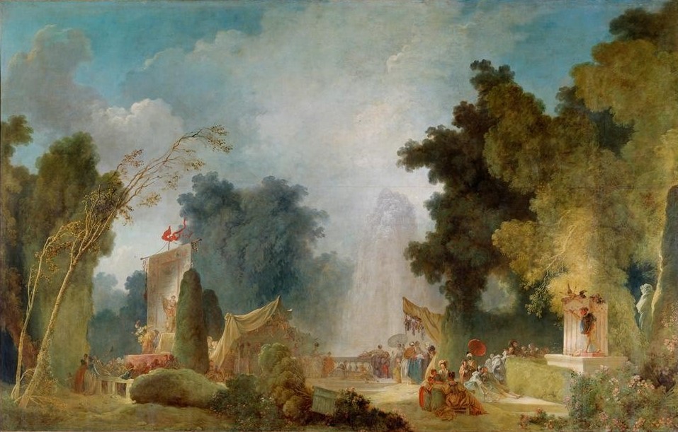 Jean-Honoré Fragonard, Fête dans un parc, dit La fête à Saint– Cloud (Fest, Feiern, Bühnen,  Park, Kasperletheater, Moritatensänger, Wasserspiele,  Höfische Gesellschaft, Treppenhaus, Wohnzimmer, Rokoko, Klassiker, Wunschgröße, Malerei, bunt)