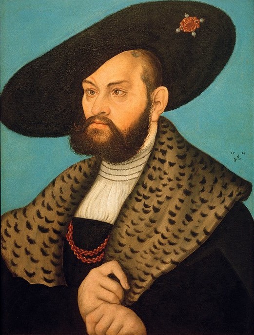 Lucas Cranach der Ältere, Albrecht I. von Brandenburg (Geistlicher,Deutsche Kunst,Geschichte,Herrenhut,Herrenmode,Herzog,Kopfbedeckung,Kunst,Mann,Mode,Pelz,Reformation,Schmuck,Brandenburg-Ansbach,Bart,Hut,Männerschmuck,Renaissance,Portrait,Schielen,Adel,Markgraf,Pelzkragen,Brosche,Vollbart,Orden (Gemeinschaft)