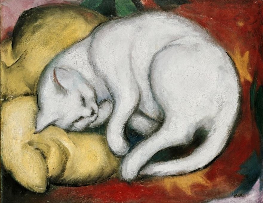 Franz Marc, Die weiße Katze (Deutsche Kunst,Katze (Tier),Kunst,Zoologie,Expressionismus,Kissen,Der Blaue Reiter,Haustier,Tierleben,Tier,Schlafen (Schlaf),Weiss (Farbe),Farbe)