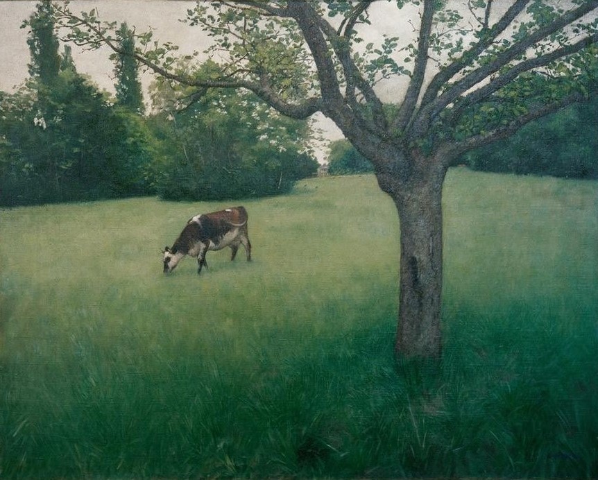 Gustave Caillebotte, Prairie à Yerres (Kunst,Landschaft,Rinderzucht,Rind,Weide,Impressionismus,Baum,Wiese,Französische Kunst,Obstbaum,Landwirtschaft,Viehzucht)