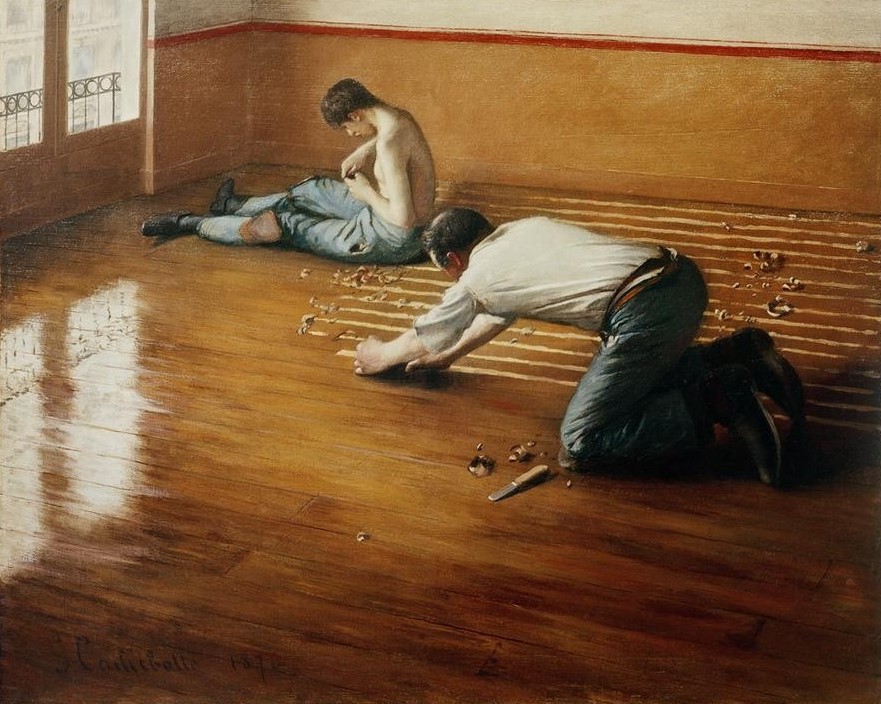 Gustave Caillebotte, Raboteurs de parquets (Arbeiter,Arbeit,Beruf,Handwerk Und Gewerbe,Kunst,Mann,Wohnung,Zimmermann,Impressionismus,Werkzeug,Realismus,Fussboden,Interieur,Französische Kunst,Parkett (Fussboden),Anstrengung,Knien,Holzfussboden,Handwerker,Parkettschleifer,Renovierung,Handwerk,Signatu)