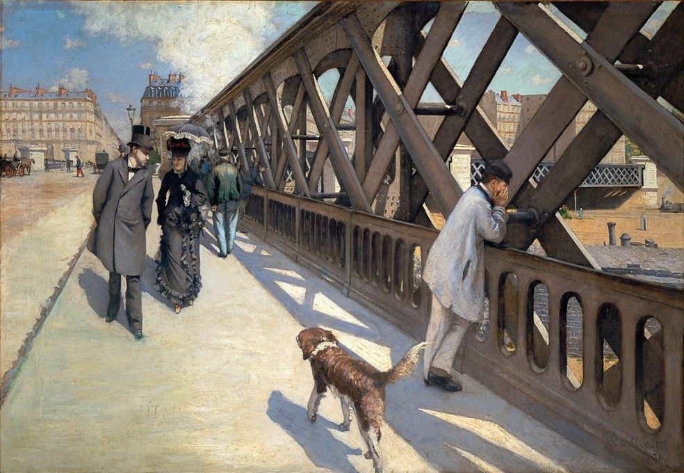 Gustave Caillebotte, Le Pont de l’Europe (Brücke,Damenmode,Geographie,Herrenmode,Kunst,Freizeit,Spaziergang,Strassenszene,Verkehr,Zylinder (Hut),Impressionismus,Hund,Sonnenschirm,Architekturdarstellung,Französische Kunst,Fussgänger,Gehrock,Paar,Sonnenschein,Topographie,Kopf Stützen,Aussicht)