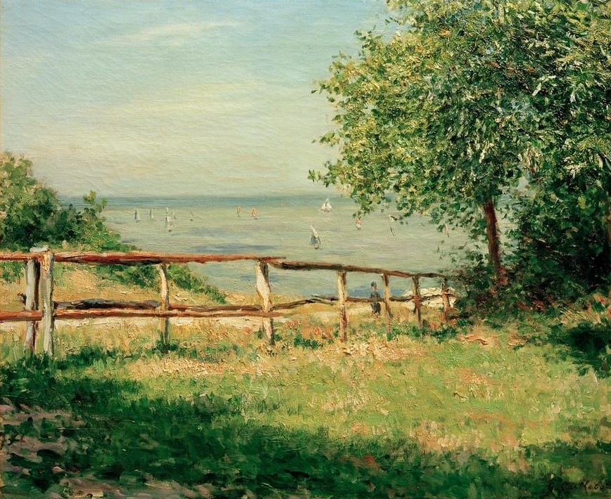 Gustave Caillebotte, Champ au bord de la mer, Trouville (Küste,Kunst,Landschaft,Meer,Impressionismus,Segelboot,Zaun,Baum,Französische Kunst,Feld,Sonnenlicht)