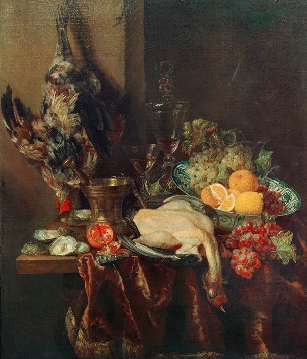 Abraham van Beyeren, Prunkstilleben mit Früchten und Geflügel (Früchte,Huhn,Kunst,Obst,Barock,Nahrungsmittel,Stillleben,Schale (Gefäss),Geflügel,Mörser (Gefäss),Auster,Pokal,Niederländische Kunst,Weinglas,Weintraube,Zitrone,Schüssel,Meeresfrüchte)