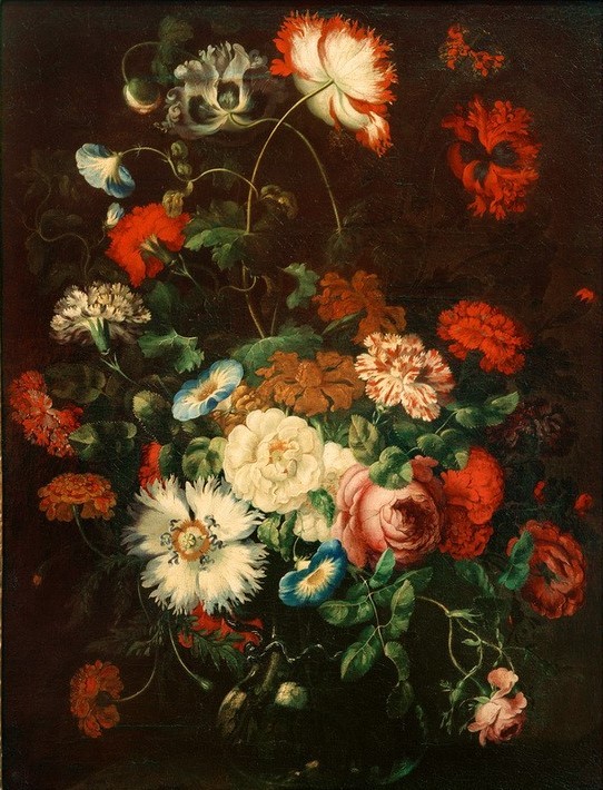 Jan Peeter Brueghel, Blumenstilleben in einer Glasvase (Kunst,Rose,Barock,Stillleben,Blumenstrauss,Vase,Nelke,Niederländische Kunst,Blume,Glasvase)