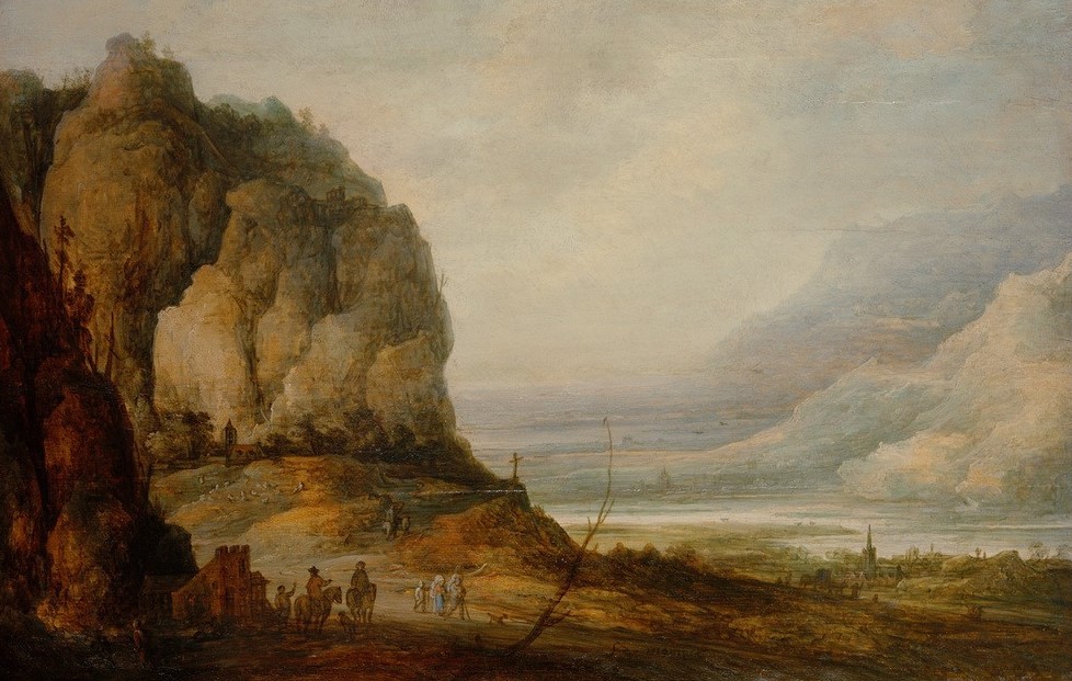 FRANS DE MOMPER, Flusstal mit Stadt und Gebirge (Flämische Kunst,Gebirge,Kunst,Landschaft,Reiter,Barock,Fluss,Reise,Stadtansicht,Fussreise)