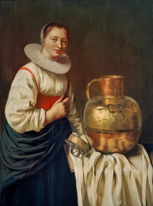 Willem van Odekercken, Eine Frau mit Kupferkanne (Frau,Kanne,Mensch,Mieder,Mode,Barock,Portrait,Haube,Niederländische Kunst,Gefäss,Kniestück,Tuch,Kupferkanne,Kupfergeschirr,Radkragen)