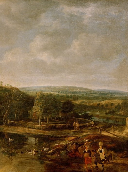 Jan Siberechts, Italienische Landschaft mit Staffage (Flämische Kunst,Gewässer,Kunst,Landschaft,Volkskunde,See,Barock,Landbevölkerung,Auf Dem Kopf Tragen)