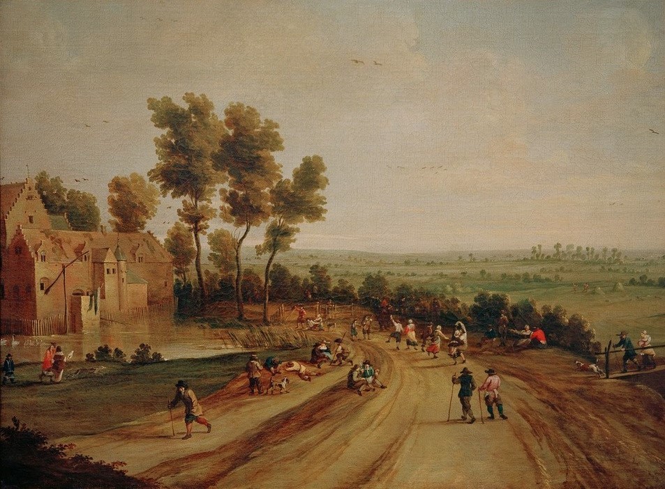 Lodewijk de Vadder, Landschaft mit tanzenden und rastenden Bauern (Bauer (Landwirt),Feste,Flämische Kunst,Kunst,Landstrasse,Landschaft,Rast,Tänzer,Tanz,Volksfest,Barock,Volkstanz,Genre,Fussreise,Landleben,Landbevölkerung,Wasserschloss)