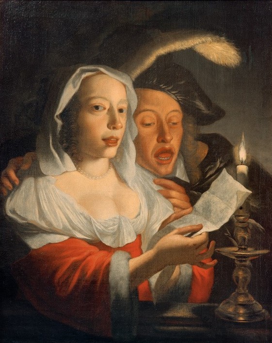 Jan Vermeer van Utrecht, Singendes Paar bei Kerzenlicht (Frau,Gesang,Geschichte,Liebespaar,Mann,Musik,Barock,Dekollete,Kerze (Licht),Halskette,Perlenkette,Haube,Niederländische Kunst,Barett,Paar,Singen,Blick Aus Dem Bild,Kerzenhalter)