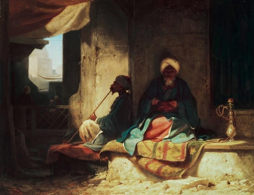Carl Spitzweg, Im türkischen Bazar (Deutsche Kunst,Kaffee,Mann,Völkerkunde,Pfeife (Tabak),Rauchen,Turban,Orientalismus,Cafe,Müssiggang,Wasserpfeife,Schneidersitz,Meditation,Kombouli,Raucher,Decke (Textil),Land Und Leute)