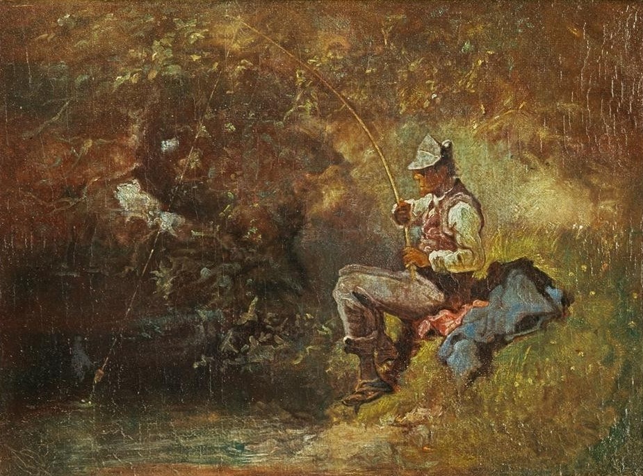 Carl Spitzweg, Der Angler (Angeln (Sport),Deutsche Kunst,Landschaft,Mann,Freizeit,Fluss,Angel,Ufer,Naturverbundenheit)