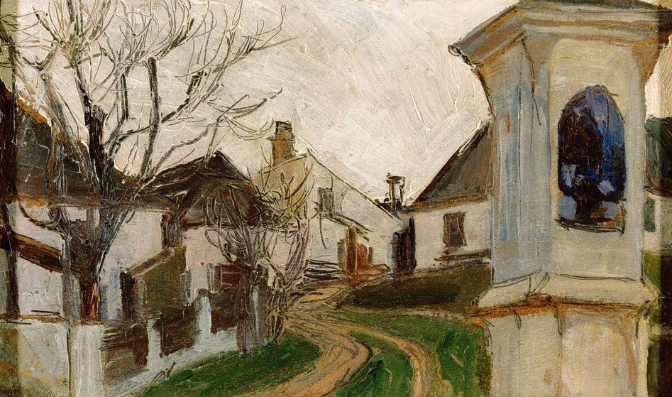 Egon Schiele, Kahle Bäume, Häuser und Bildstock (Bildstock,Dorfstrasse,Dorf,Haus,Herbst,Jahreszeiten,Jugendstil,Kult,Kleinstadt,Baum,Österreichische Kunst,Schrein)