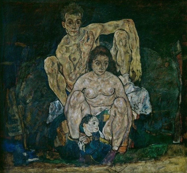 Egon Schiele, Die Familie (Familie,Jugendstil,Kind,Mädchen,Akt,Portrait,Expressionismus,Österreichische Kunst,Verzweiflung,Kleinfamilie,Kopf,Gefühl (Stimmung),Einkindfamilie,Erregung)