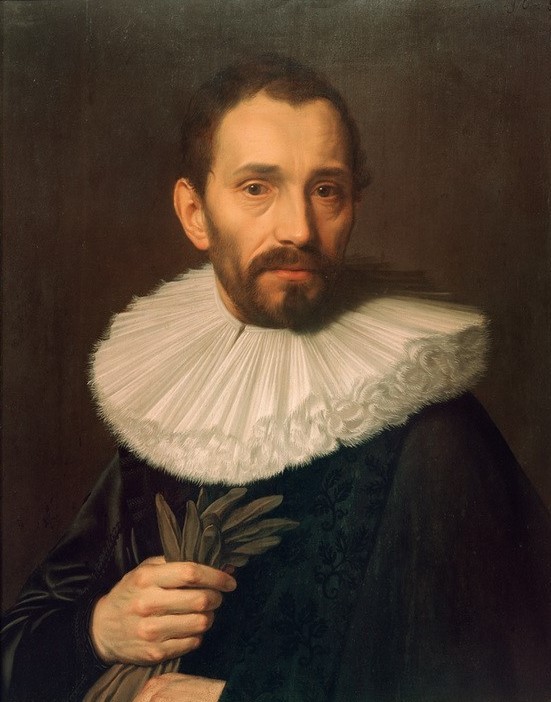 Abraham de Vries, Bildnis eines Mannes, Handschuhe haltend, leicht nach links (Handschuh,Herrenmode,Mann,Mensch,Mode,Bart,Barock,Portrait,Halskrause,Niederländische Kunst,Kragen,Blässe,Radkragen)