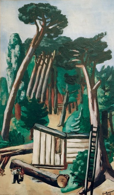 Max Beckmann, Waldlandschaft mit Holzfällern (Wald, Bäume, Holzfäller, Natur, Handwerk, Expressionismus, Klassische Moderne, Malerei, Wohnzimmer, Treppenhaus, Wunschgröße, bunt)