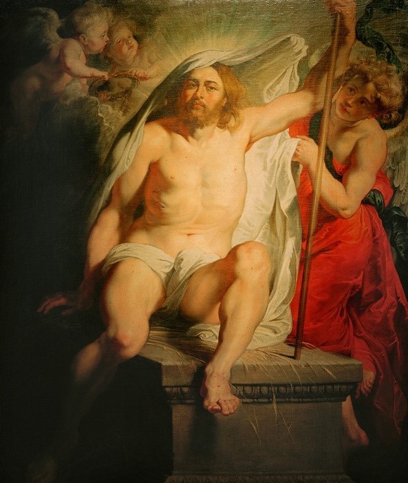 Peter Paul Rubens, Der auferstandene Christus triumphierend (Christentum,Engel,Flämische Kunst,Kunst,Mann,Religion,Barock,Akt,Neues Testament,Bibel,Putto,Sarkophag,Auferstehung Christi,Niederländische Kunst,Halbakt,Leichentuch,Sitzen,Kreuzesfahne)
