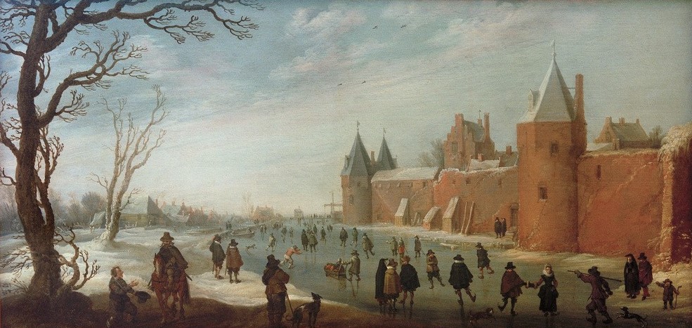 Joost Cornelisz. Droochsloot, Schlittschuhläufer im Stadtgraben (Architektur,Eis (Kälte),Eislauf,Jahreszeiten,Kunst,Landschaft,Mensch,Freizeit,Stadt,Stadtmauer,Turm,Winter,Wintersport,Barock,Stadtansicht,Architekturdarstellung,Niederländische Kunst,Holländische Kunst,Frost,Ansicht,Eisbahn,Stadtlandschaft,Stadtgraben,St)