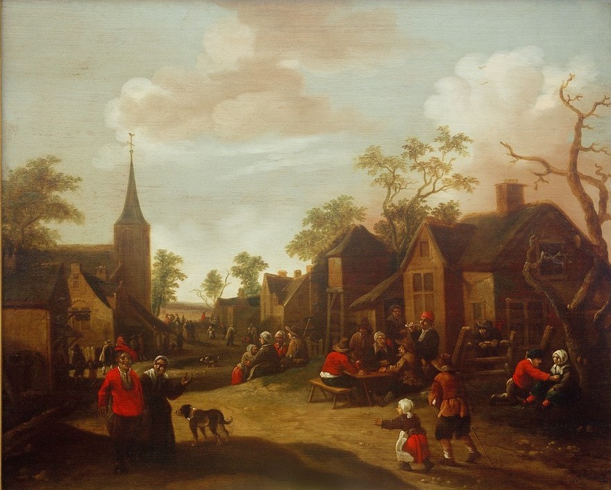 Joost Cornelisz. Droochsloot, Belebte Dorfstraße (Architektur,Bauer (Landwirt),Bauernhaus,Bauernhof,Dorfstrasse,Dorf,Frau,Gesellschaftliches Leben,Gesellschaft,Haus,Kind,Kirche,Kunst,Landschaft,Mädchen,Mann,Mensch,Freizeit,Strasse (Allgemein),Volkskunde,Barock,Hund,Bäuerin,Architekturdarstellung,Genre,Ni)