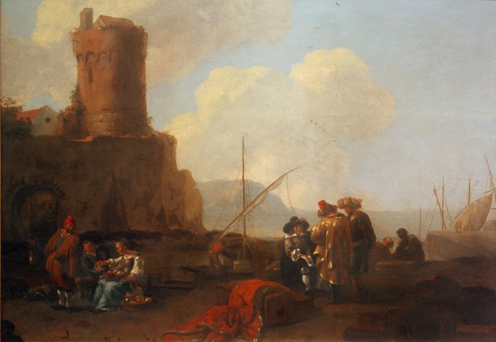 Thomas Wijck, Seehafen mit Turmruine (Architektur,Reisender,Frau,Früchte,Hafen,Handel,Koffer,Küste,Kunst,Landschaft,Mann,Mensch,Obst,Ruine,Schiff,Segelschiff,Turm,Handel Und Gewerbe,Verkäuferin,Meer,Segelboot,Barock,Nahrungsmittel,Reise,Marinemalerei,Architekturdarstellung,Genre,Niederländisc)