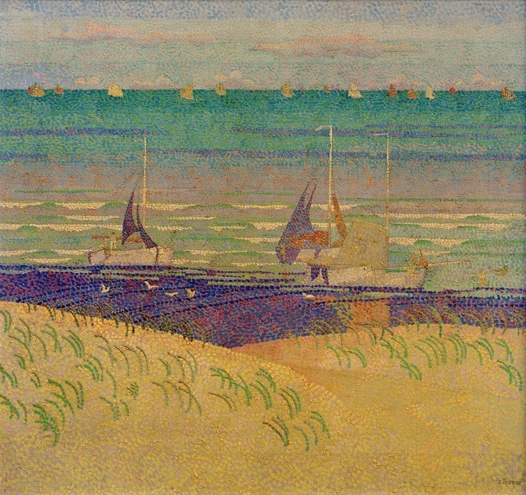 Jan Toorop, Dünenlandschaft mit Segelbooten (Boote, Küste, Strand, Meer, Segelboote, Pointillismus, Postimpressionismus, Wunschgröße, Klassische Moderne, Wohnzimmer,)