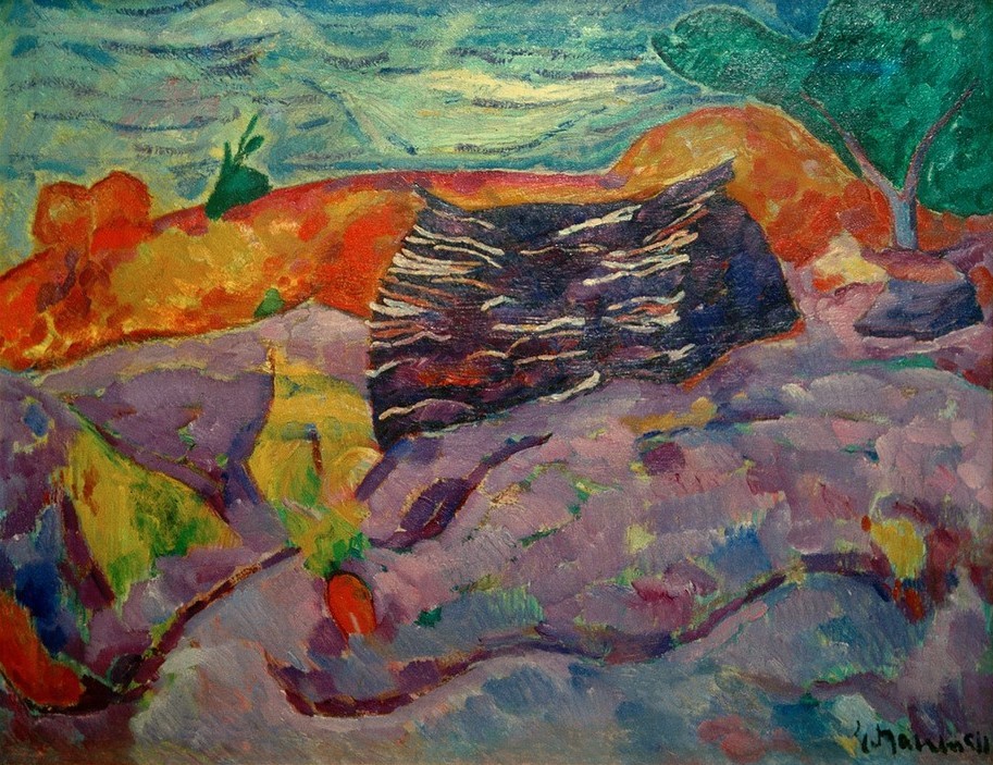 Heinrich Nauen, Landschaft mit Holzstoß (Deutsche Kunst,Forstwirtschaft,Kunst,Landschaft,Holz,Baum,Expressionismus,Berliner Sezession,Deutscher Künstlerbund,Holzstoss,Farbigkeit,Signatur,Farbe)
