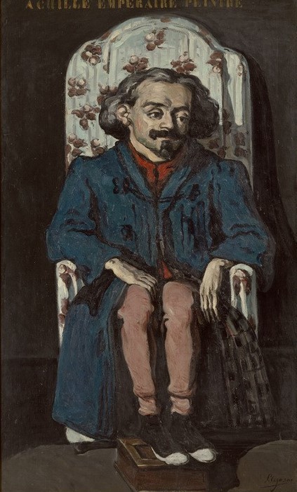 Paul Cézanne, Achille Emperaire (Künstler,Maler (Künstler),Mantel,Mann,Medizin,Mensch,Missbildungen,Möbel,Zwergwuchs,Zwerg,Impressionismus,Bart,Portrait,Melancholie,Französische Kunst,Traurigkeit,Sessel,Stuhl,Fussbank,Sitzen,Geblümt,Frisur)
