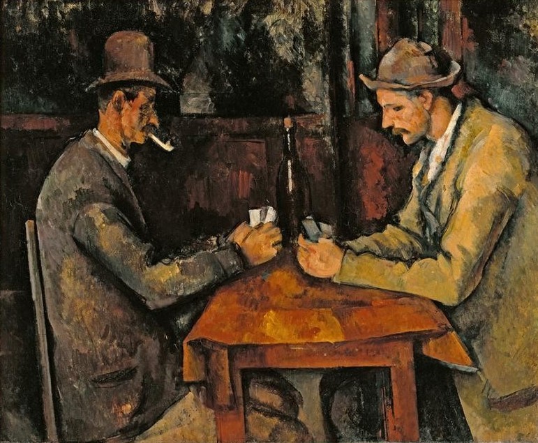 Paul Cézanne, Les joueurs de cartes (Gasthaus,Gastronomie,Herrenmode,Mann,Freizeit,Spiel,Volkskunde,Impressionismus,Hut,Rauchen,Kartenspiel,Tisch,Französische Kunst,Konzentration,Weinflasche,Raucher,Männerleben,Land Und Leute)