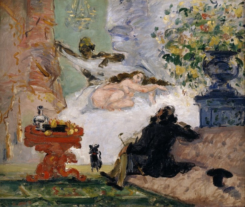 Paul Cézanne, Une moderne Olympia (Bett,Erotik,Frau,Prostitution,Impressionismus,Akt,Femme Fatale,Voyeurismus,Französische Kunst,Diener,Ironie,Laszivität,Erotische Phantasie,Runder Tisch (Möbel),Kauern,Societe Anonyme Des Artistes)