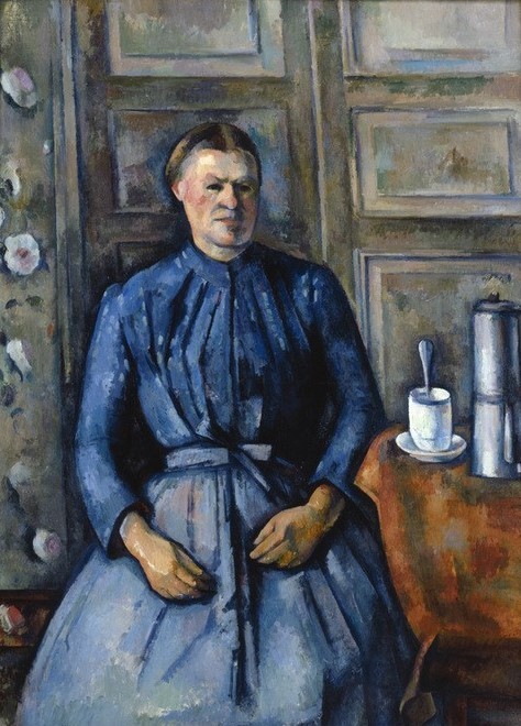 Paul Cézanne, La femme à la cafetière (Dienstboten,Essgeschirr,Frau,Kaffee,Mensch,Volkskunde,Impressionismus,Portrait,Französische Kunst,Kleid,Kaffeekanne,Blau,Landbevölkerung,Jahrhundertwende,Hände Im Schoss,Land Und Leute,Tasse,Alltag,Gelassenheit)