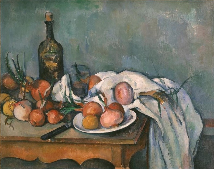 Paul Cézanne, Nature morte aux oignons (Gemüse,Kunst,Impressionismus,Tisch,Stillleben,Messer,Tischtuch,Flasche,Französische Kunst,Zwiebel,Trinkglas,Küchenstillleben)