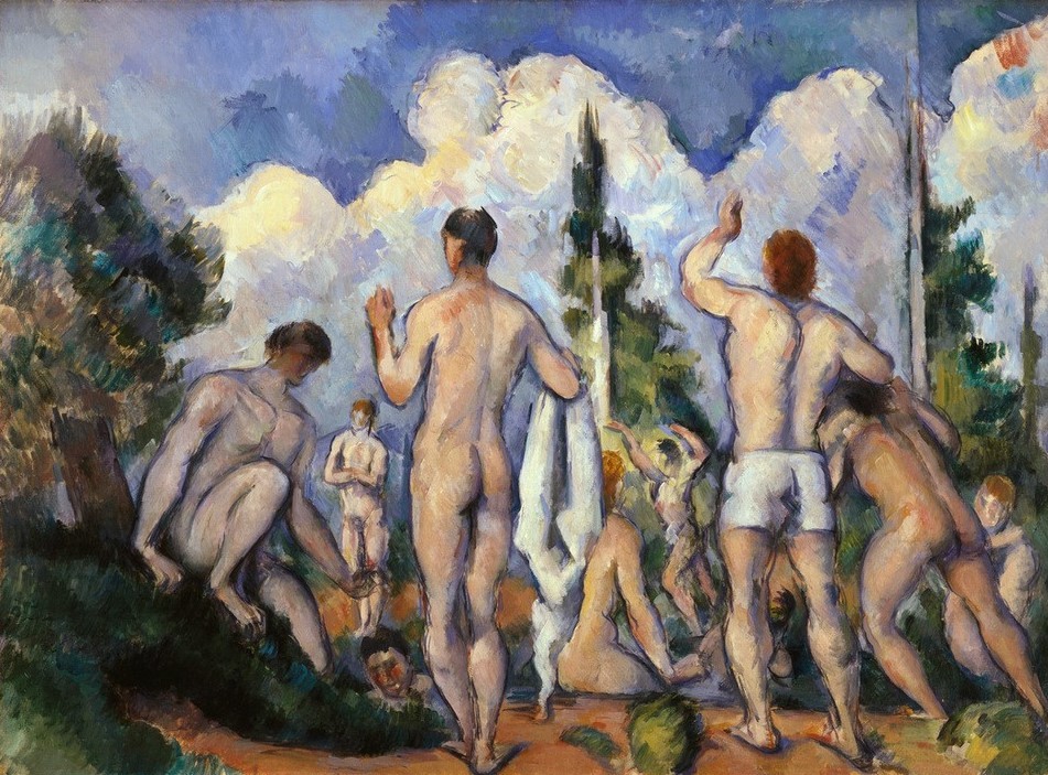 Paul Cézanne, Les Baigneurs (Körperpflege,Bad Im Freien,Bad,Freikörperkultur,Gruppenbild,Landschaft,Mann,Freizeit,Impressionismus,Akt,Rückenakt,Französische Kunst,Jahrhundertwende,Männerleben)
