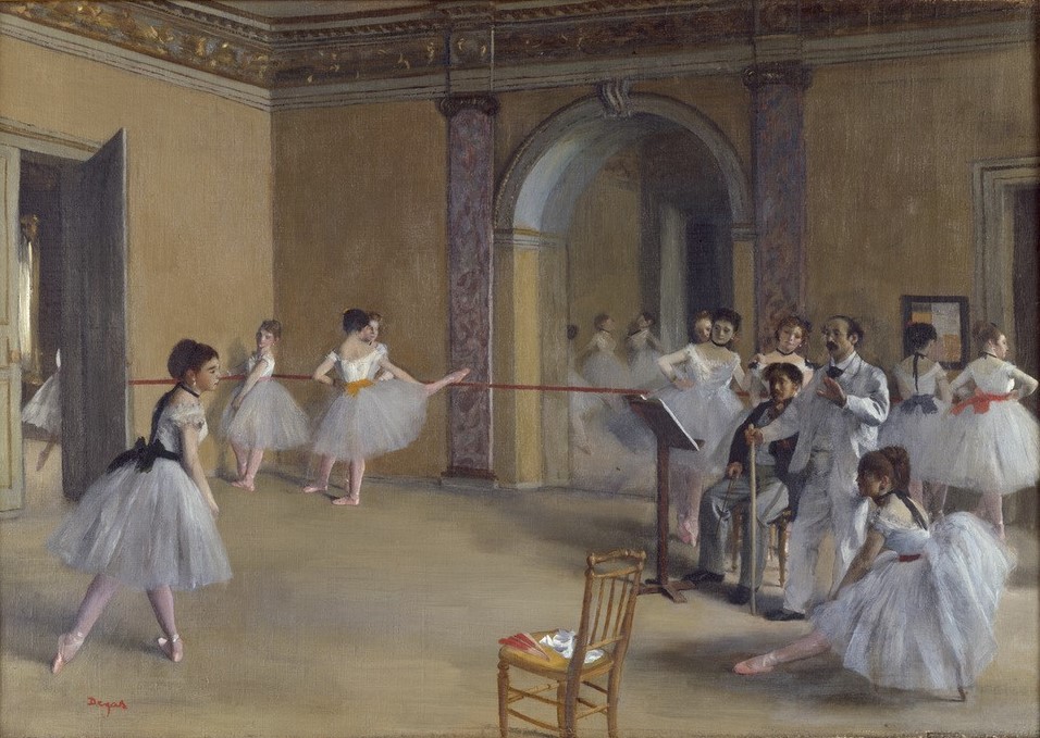 Edgar Degas, Le foyer de la danse à l’Opéra de la rue Le Peletier (Ballett,Ballettmeister,Musik,Tänzer,Tänzerin,Tanz,Theater,Impressionismus,Unterricht,Französische Kunst,Ballerina,Prüfung,Ballettstange)
