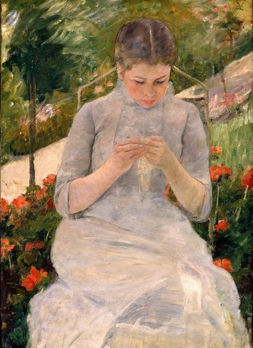 Mary Cassatt, Jeune fille au jardin, dit aussi Femme cousant dans un jard (Handarbeit,Hausarbeit,Jugend (Lebensalter),Mädchen,Park,Impressionismus,Frauenkunst,Portrait,Nähen,Amerikanische Kunst,Im Freien (Allgemein),Menschen Im Garten,Haushalt,Frauenleben,Konzentration)