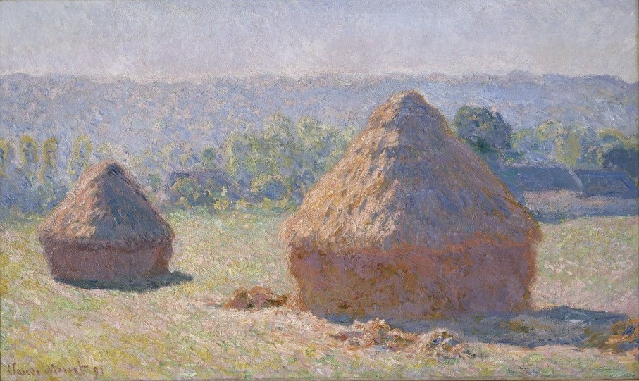 Claude Monet, Le meules, fin d’été (Ernte, Jahreszeiten, Landschaft, Sommer, Impressionismus, Heu, Französische Kunst, Heuschober, Spätsommer, Landwirtschaft)