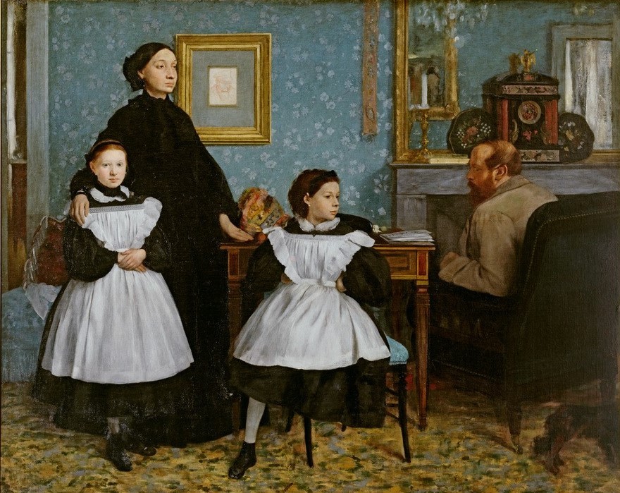 Edgar Degas, La famille Bellelli (Eltern Mit Kind,Familie,Geschwister,Gruppenbild,Kindermode,Mädchen,Mensch,Mode,Spiegel,Tapete,Vater,Wohnung,Impressionismus,Tisch,Bild Im Bild,Mutter,Mutter Und Tochter,Interieur,Bürgertum,Schürze,Französische Kunst,Kleid,Gesellschaftskritik,Familienleben)