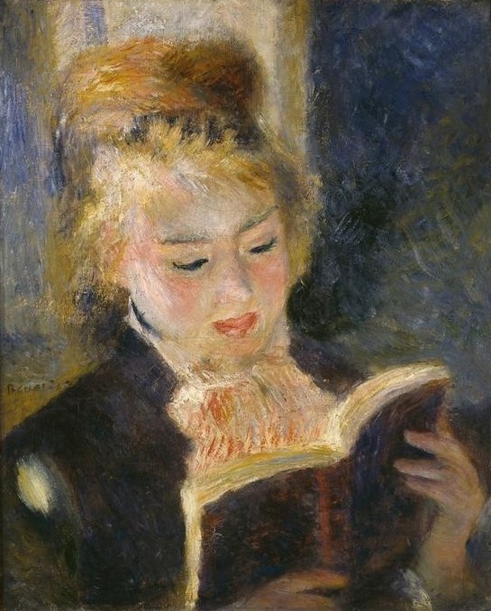 Pierre-Auguste Renoir, La liseuse (Buch,Frau,Jugend (Lebensalter),Leser,Literatur,Mädchen,Maler (Künstler),Impressionismus,Portrait,Lesen (Allgemein),Französische Kunst,Leserin,Junge Frau,Frisur)