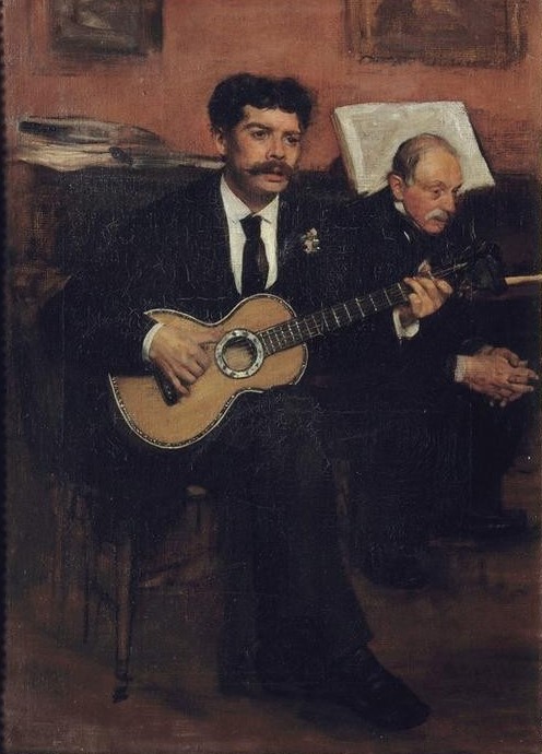 Edgar Degas, Der spanische Tenor Lorenzo Pagans (1838–1883) und der Vate (Gesang,Gitarre,Hausmusik,Konzert,Mann,Musiker,Musik,Sänger,Saiteninstrument,Tenor,Impressionismus,Instrument,Portrait,Gitarrist,Klavier,Französische Kunst,Vater Von Berühmten,Zupfinstrument)