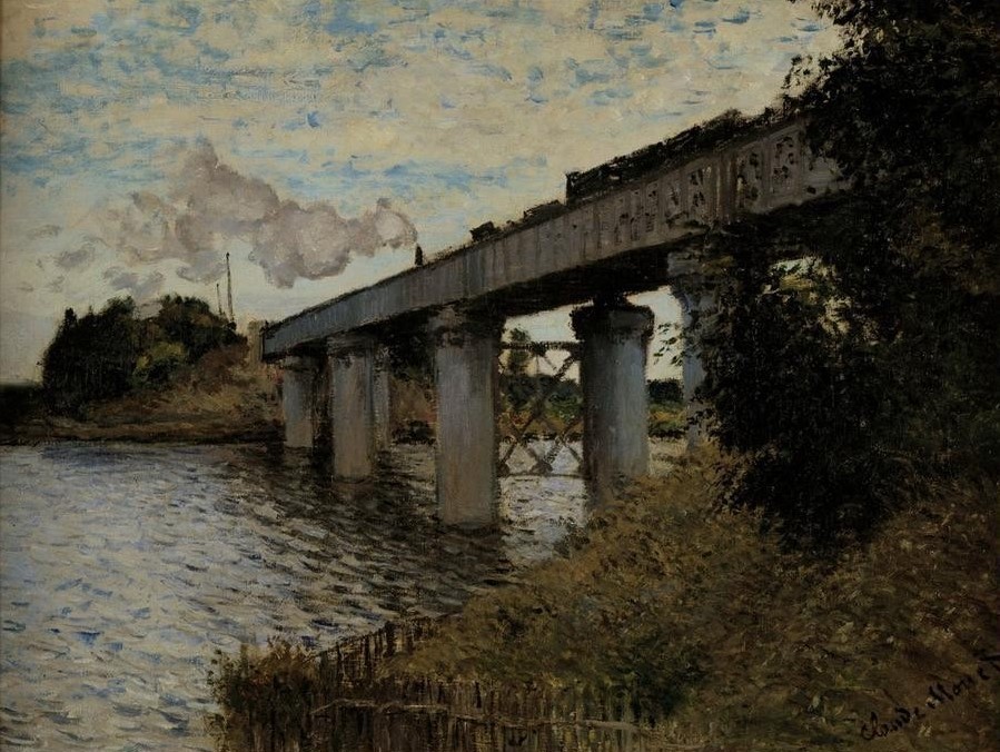 Claude Monet, Le Pont du chemin de fer à Argenteuil (Architektur,Brücke,Eisenbahnbrücke,Eisenbahn,Gewässer,Kunst,Landschaft,Transport,Impressionismus,Fluss,Französische Kunst,Dampflokomotive)