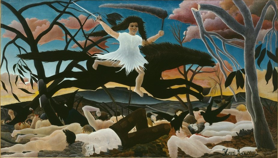 Henri Rousseau, La Guerre ou la chevauchée de la discorde (Zwietracht, Frau, Furie, Reiterin, Rappe, Pferd, Allegorie, Krieg,  Leichen, Schlachtfeld, Gefallene, Krähen, Zerstörung,  naive Malerei, Wunschgröße, Wohnzimmer, Malerei, klassische Moderne, bunt)
