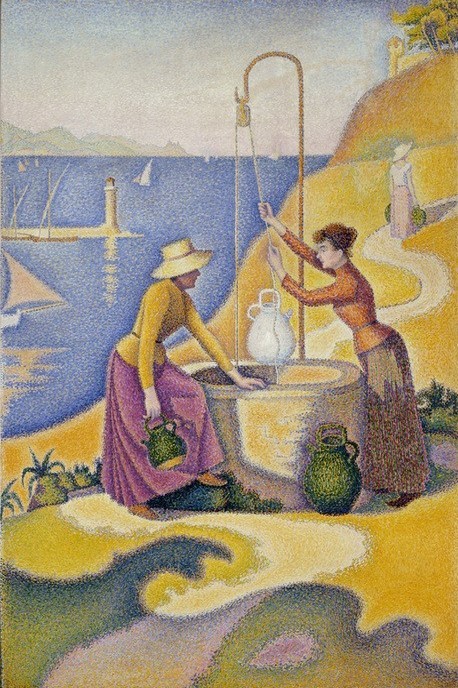 Paul Signac, Femmes au puits (Opus 238) (Frau,Küste,Kunst,Landschaft,Sommer,Wasser,Brunnen,Meer,Quelle,Pointillismus,Französische Kunst,Harmonie,Frauenleben,Wasserschöpfen,Vier Elemente)