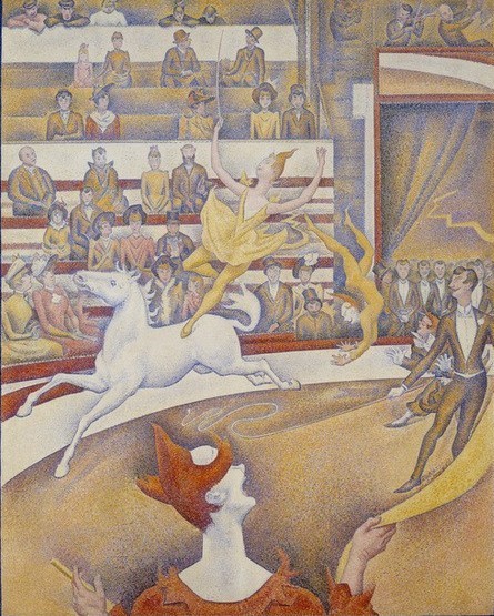 Georges Seurat, Le cirque (Dompteur,Fahrendes Volk,Frau,Gesellschaft,Kunst,Mann,Mensch,Pferd (Tier),Theater,Zirkus (Theater),Kostüm (Verkleidung),Pointillismus,Peitsche,Akrobat,Clown,Dressur,Französische Kunst,Publikum,Reiterin,Gleichgewicht,Kleidung (Allgemein),Manege,Zuschauen,Ti)