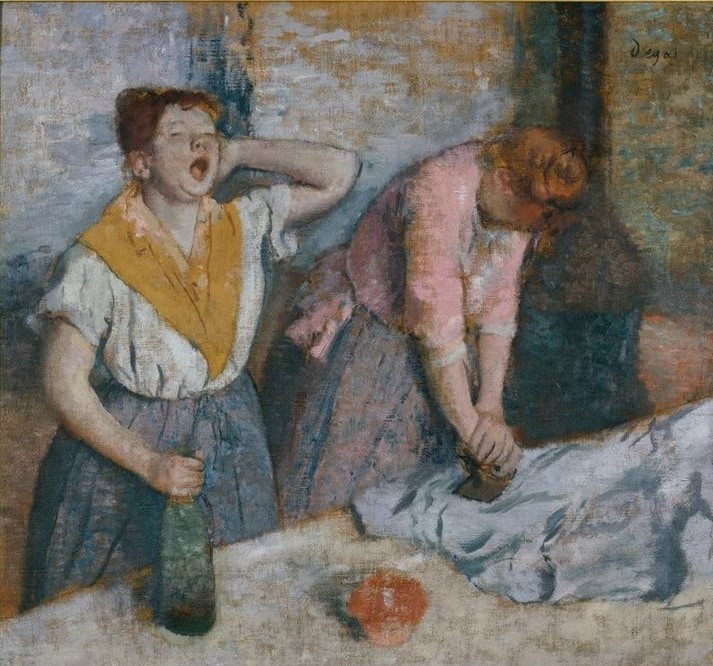 Edgar Degas, Repasseuses (Arbeit,Beruf,Frau,Hausarbeit,Kunst,Volkskunde,Impressionismus,Gähnen,Französische Kunst,Müdigkeit,Dienstmädchen,Bügeln,Frauenleben,Hauspersonal,Anstrengung,Büglerin,Land Und Leute,Alltag)