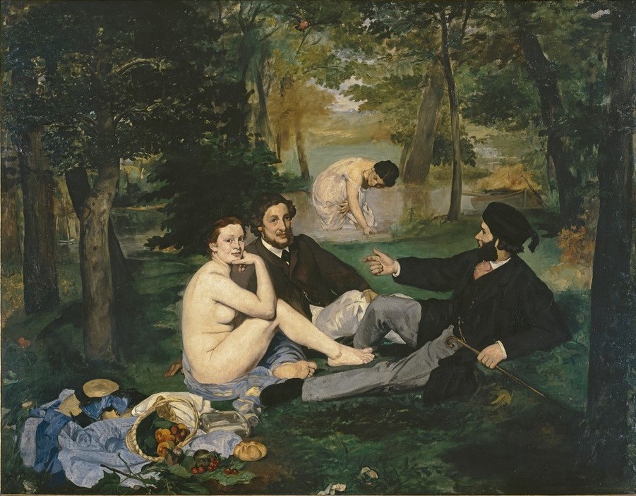 Edouard Manet, Le déjeuner sur l’herbe (Ausflug,Bad Im Freien,Erotik,Freikörperkultur,Frau,Herrenmode,Jugend (Lebensalter),Kunst,Landschaft,Mädchen,Mann,Mode,Picknick,Freizeit,Urlaub,Tageszeiten,Morgen,Student,Akt,Frühstück,Portrait,Reise,Französische Kunst,Im Freien (Allgemein),Nacktheit,Paar,)