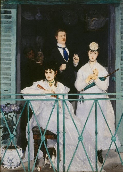 Edouard Manet, Le balcon (Architektur,Balkon,Damenmode,Fächer,Frau,Gruppenbild,Herrenmode,Künstlerleben,Mann,Mode,Freizeit,Zigarette,Lebemann,Krawatte,Rauchen,Hund,Femme Fatale,Schmiedeeisen,Sonnenschirm,Bürgertum,Französische Kunst,Publikum,Schosshund,Kleid,Haustier,Eleganz,Kleid)