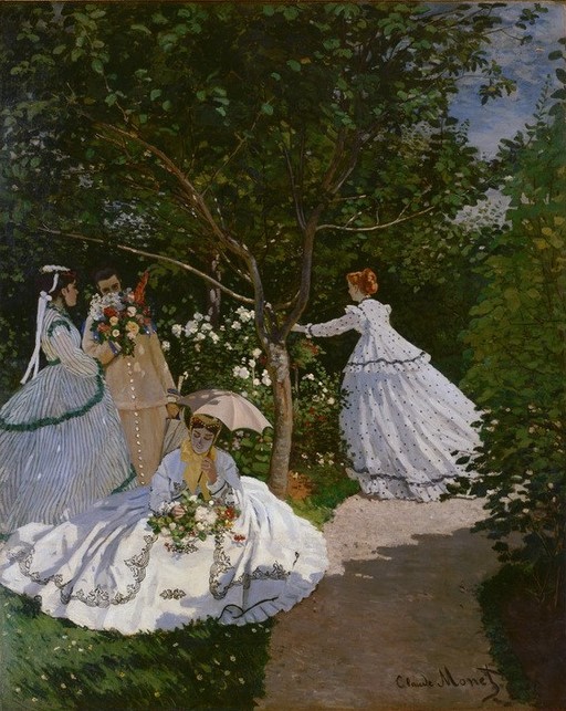 Claude Monet, Femmes au jardin (Botanik,Damenmode,Frau,Garten Und Park,Jahreszeiten,Jugend (Lebensalter),Menschen Im Park,Mode,Freizeit,Sommer,Impressionismus,Schatten,Portrait,Baum,Sonnenschirm,Blumenstrauss,Bürgertum,Französische Kunst,Licht,Riechen,Sinne,Kleid,Rote Haare,Harmonie,Syn)