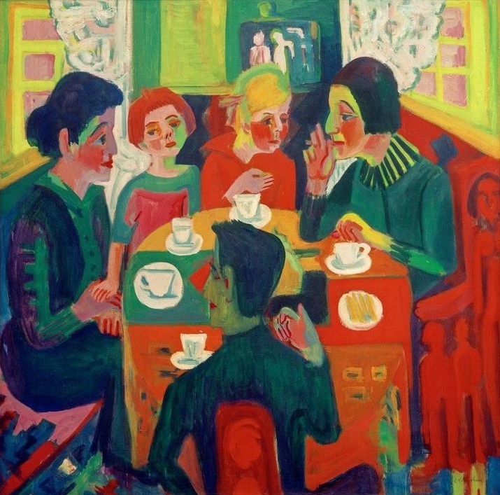 Ernst Ludwig Kirchner, Kaffeetisch (Deutsche Kunst,Familie,Kaffee,Nachmittagskaffee,Tafelsitten,Genussmittel,Expressionismus,Die Brücke,Familienleben,Geselliges Beisammensein,Kaffeetrinken,Unterhaltung (Gespräch))