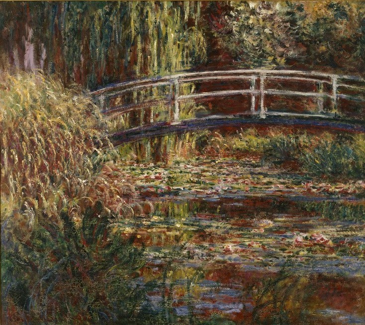 Claude Monet, Le Bassin aux nymphéas, harmonie rose (Botanik,Brücke,Garten Und Park,Kunst,Landschaft,Wasser,Wasserpflanze,Impressionismus,See,Seerose,Holzbrücke,Französische Kunst,Harmonie,Jahrhundertwende,Gartenteich,Rosa (Farbe))