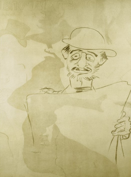 Henri de Toulouse-Lautrec, Toulouse-Lautrec, eine Zeitung lesend (Brille,Grafiker,Karikatur,Künstler,Kunst,Leser,Maler (Künstler),Mann,Selbstbildnis,Portrait,Zeitung,Lesen (Allgemein),Französische Kunst,Zeitungsleser,Person,Zwicker)