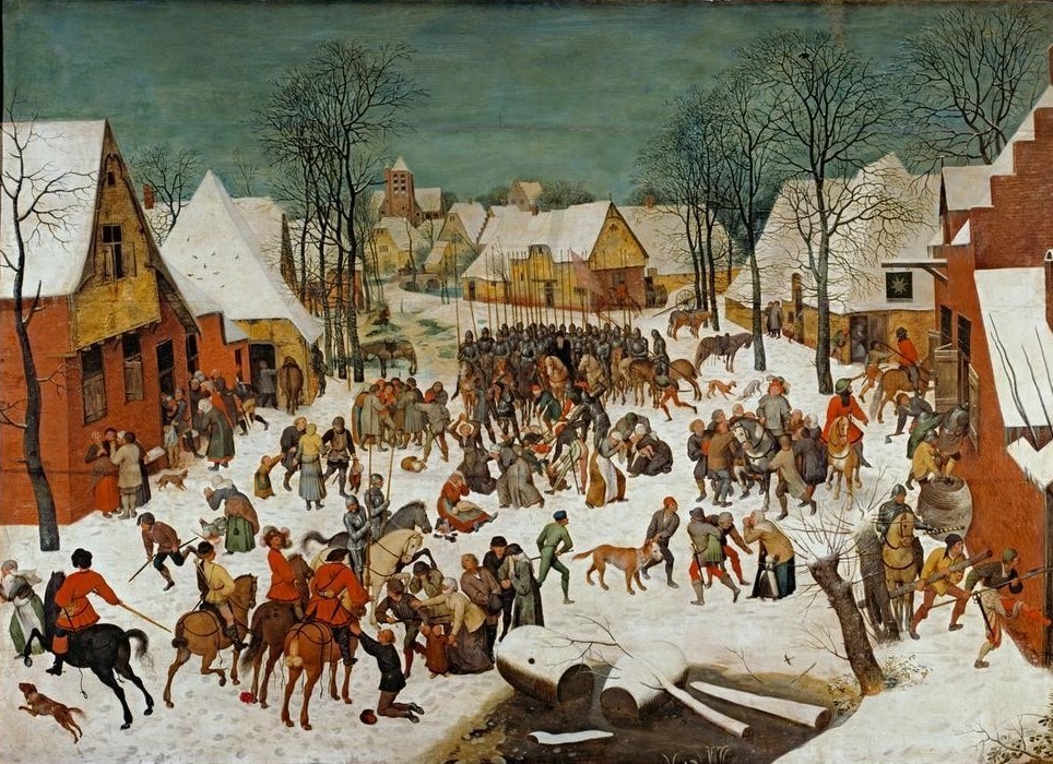 Pieter Brueghel der Jüngere, Der bethlehemitische Kindermord (Blut,Christentum,Dorf,Jahreszeiten,Kind,Militär,Mutter Und Kind,Pferd (Tier),Religion,Rüstung (Schutzkleidung),Soldat,Stadt,Strassenszene,Szene,Tod,Volkskunde,Winter,Zoologie,Reiter,Schnee,Trauer,Renaissance,Hund,Panik,Angst,Kindesmisshandlung,Grausamkeit)